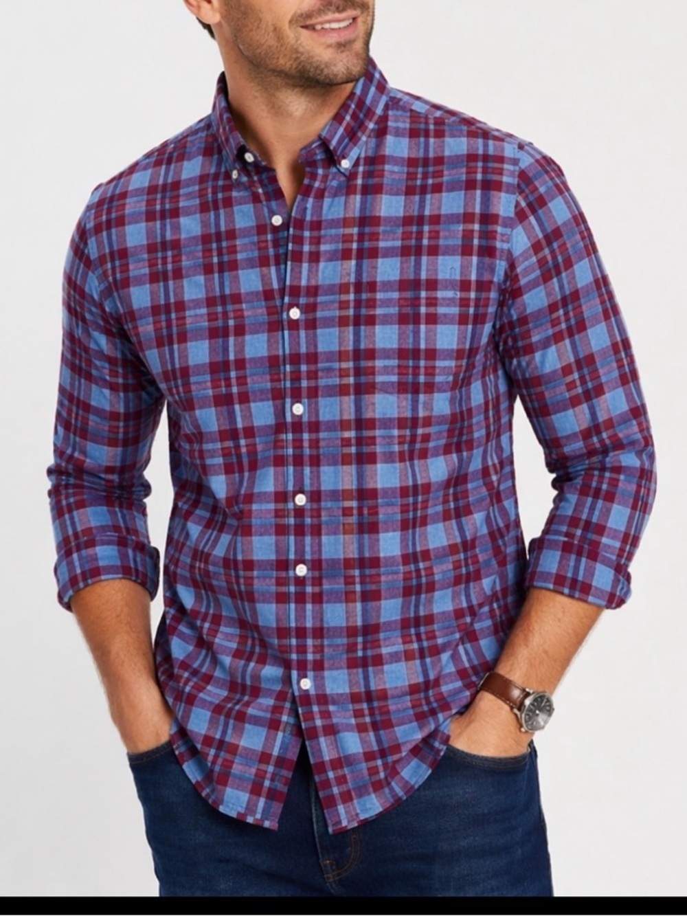 BONOBOS men's plaid casual button up 100% cotton Maroon and pale Blue slim fit L